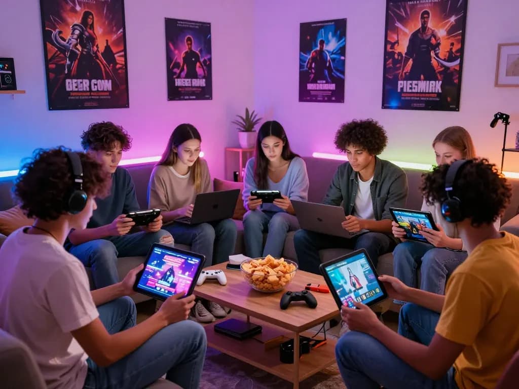 Friends enjoying sex games together on tablets and laptops in a cozy living room.