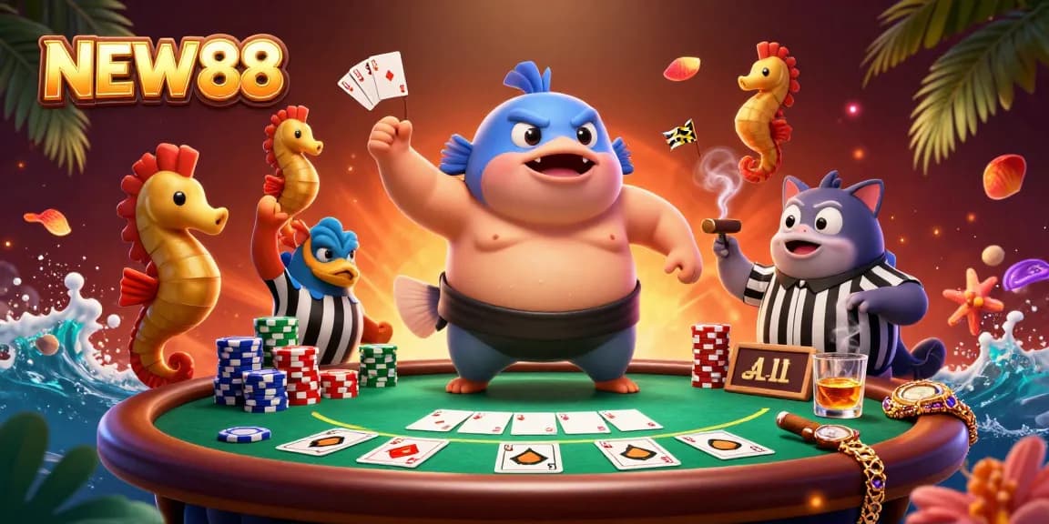 Engage with the vibrant underwater world of NEW88, showcasing thrilling poker action with cartoon characters.