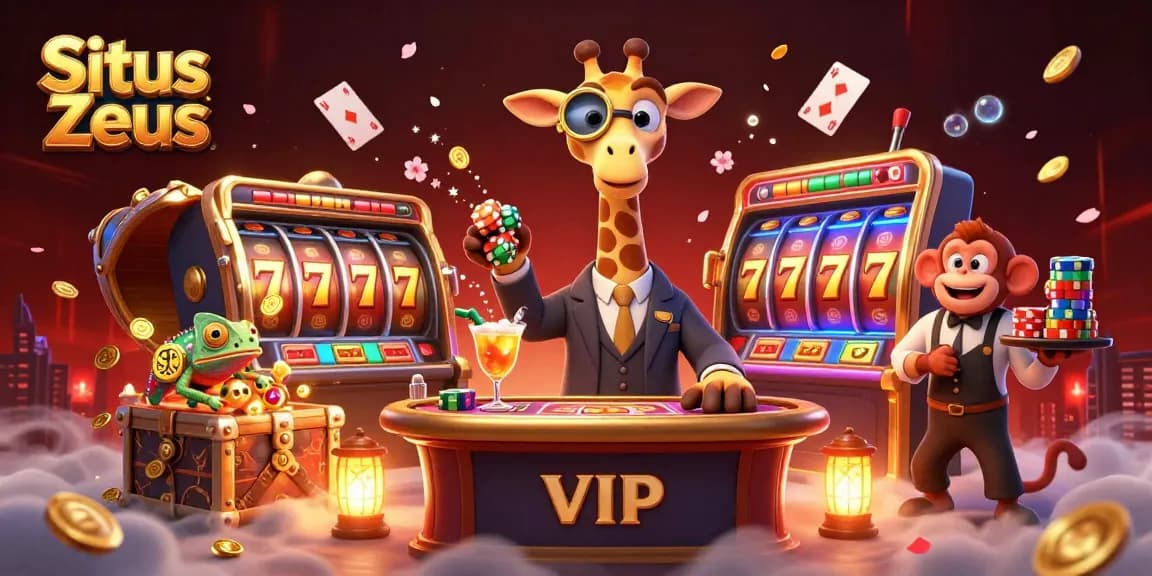 Situs Zeus spins into action with a high-roller giraffe, monkey valet, and chameleon bartender at a vibrant slot table.