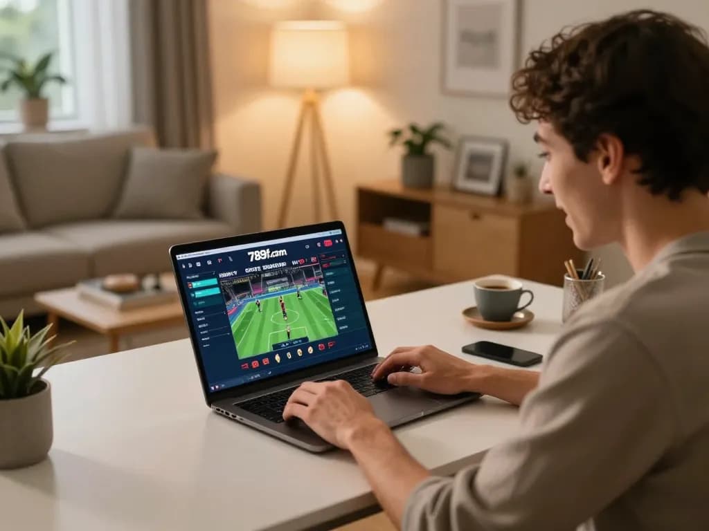 Engaging in sports betting on 789f.com with a laptop, showcasing an exciting home atmosphere