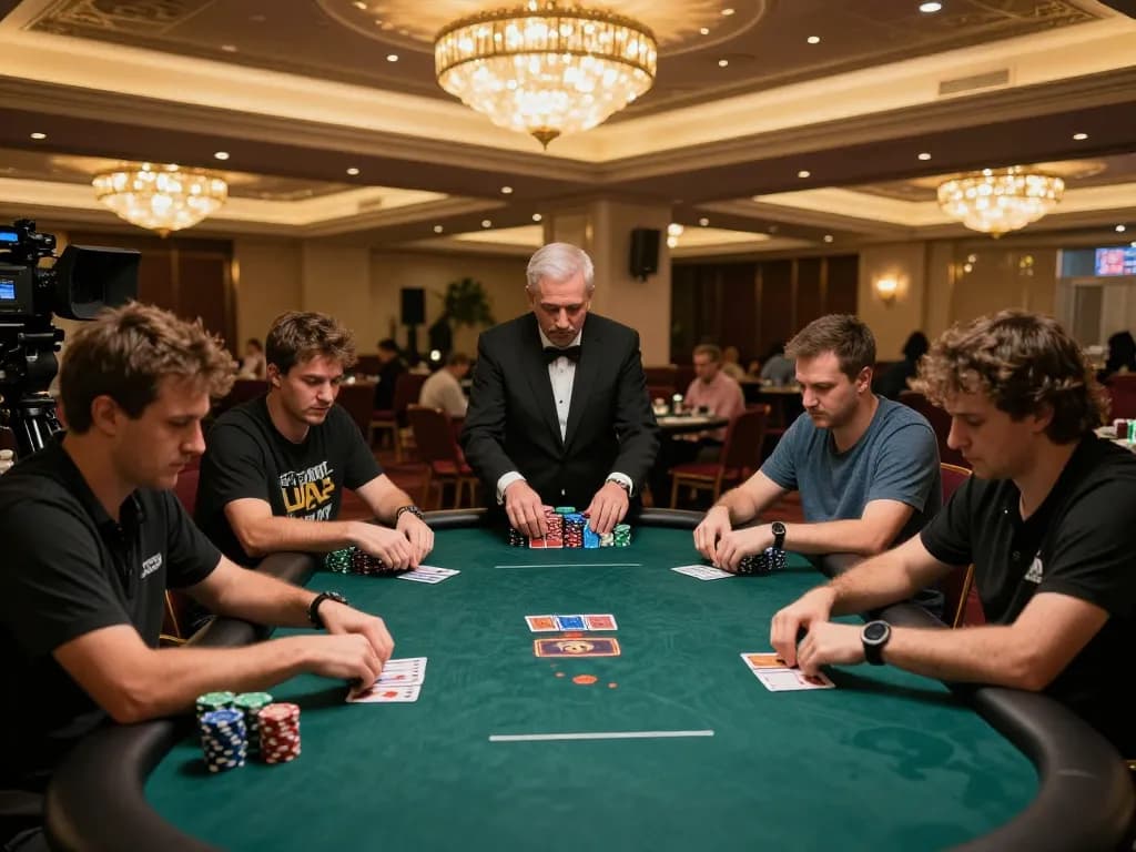 Players strategizing their next move in an intense tv88 poker game, chips stacked high and focused expressions.