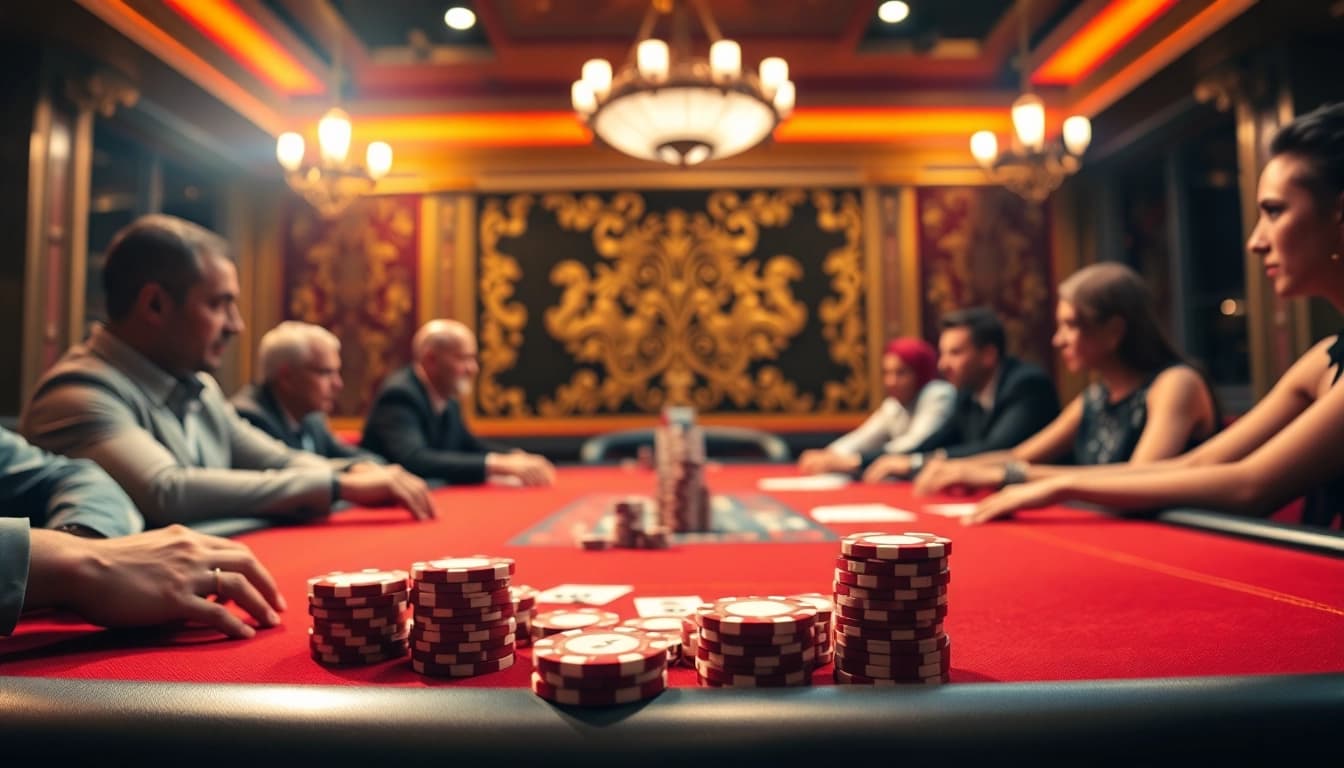 Katsu5 Resmi menampilkan suasana permainan poker di kasino mewah dengan penekanan pada dukungan dan kemewahan.
