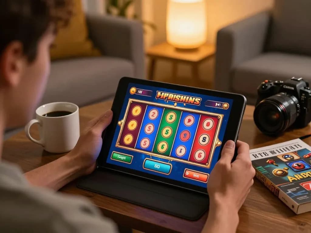 Engaging in a demo slot game on a tablet in a cozy home setting.