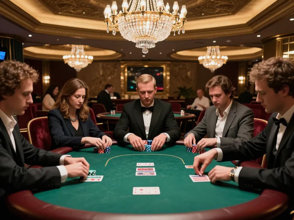 Lu 88 players strategizing at high-stakes poker table, intense focus and luxury setting.