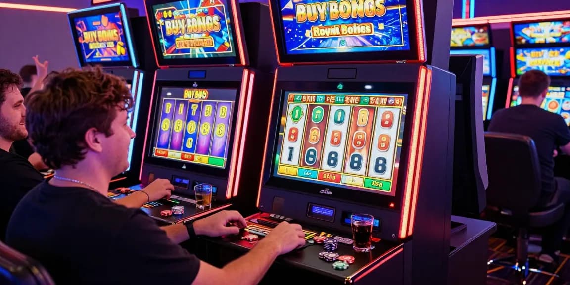 Players enjoying bonus buy slots excitement in a vibrant casino setting.