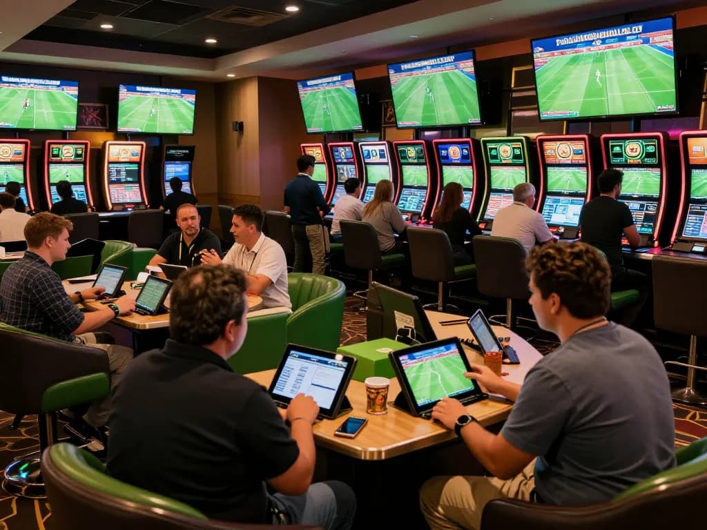 Engaging sports bettors analyzing odds at nddo sports lounge, dynamic atmosphere of excitement