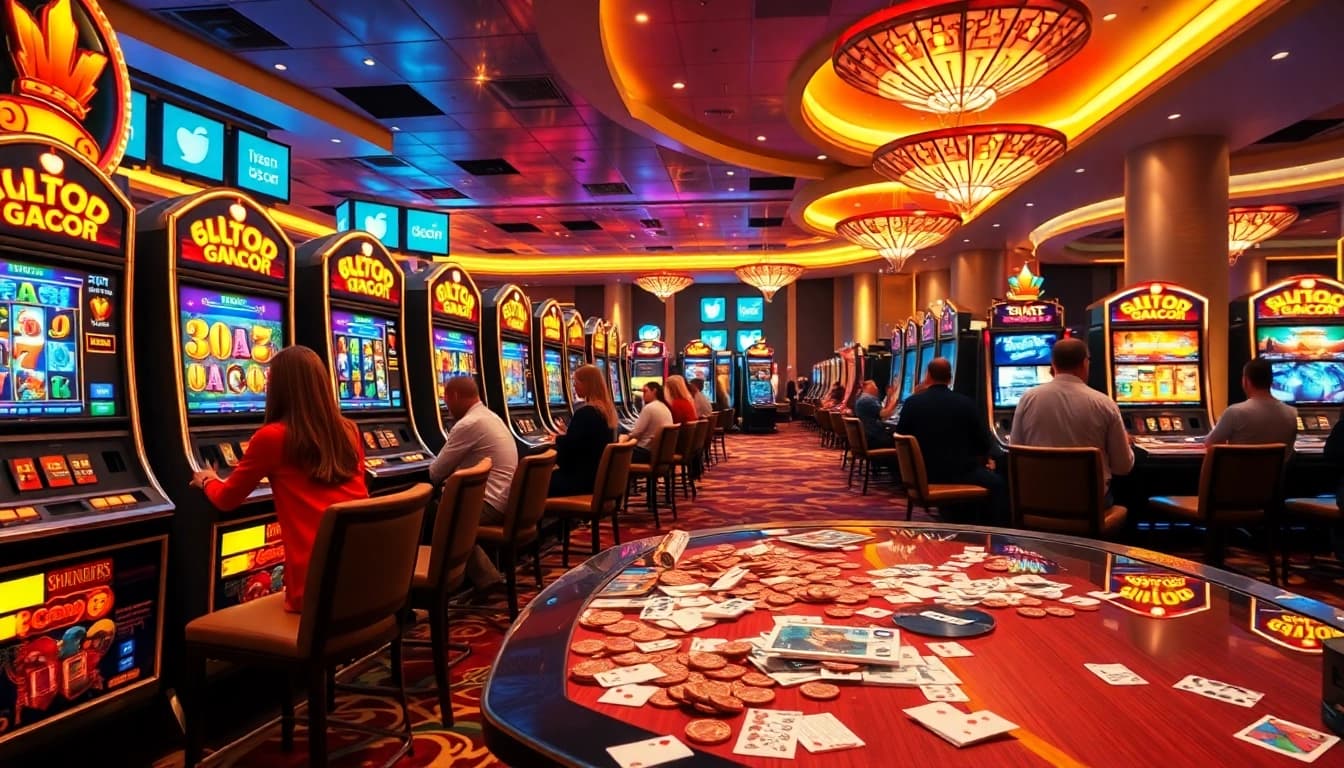 Slot Gacor players winning at colorful slot machines in a luxurious casino environment.