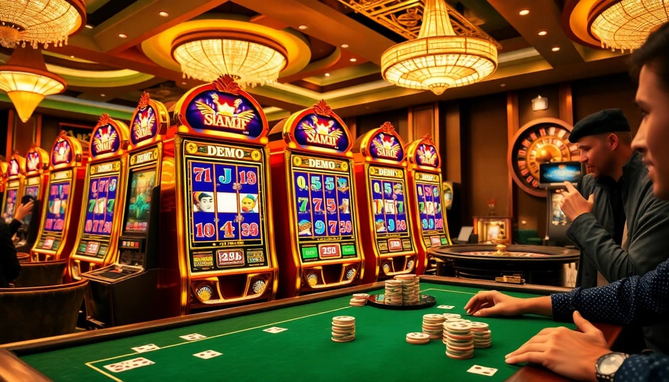 Players engaging with a slot demo in a stylish casino setting, showcasing excitement and luxury.