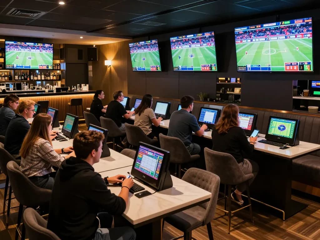 Betters engaging with Jun88 sports betting app in a lively lounge during an exciting game.