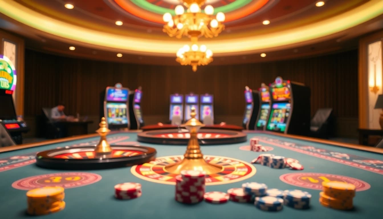 Experience the thrill of gaming at trang chủ lc88 with vibrant casino visuals featuring roulette wheels and slot machines.