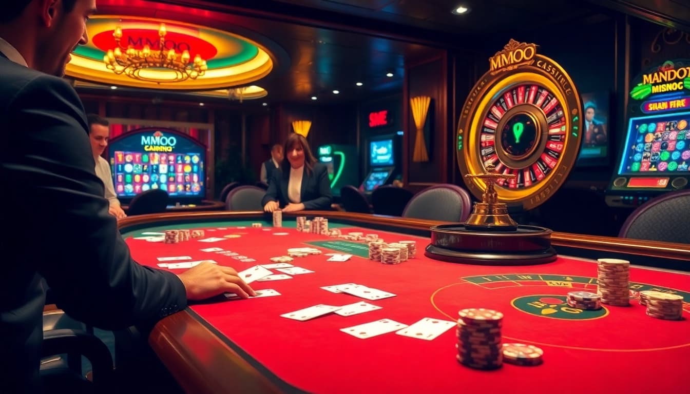 Players engaging in an exciting casino game at MMOO with vibrant tables and a roulette wheel.