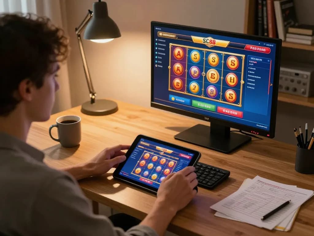 Player engaging with SC88 casino slots on tablet at home, showcasing a strategic gaming setup.