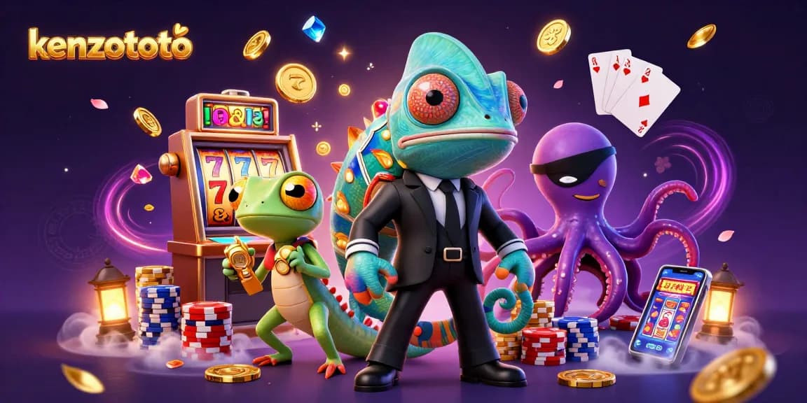 Engage in thrilling gameplay with kenzototo featuring a colorful chameleon, gadgets, and casino elements.