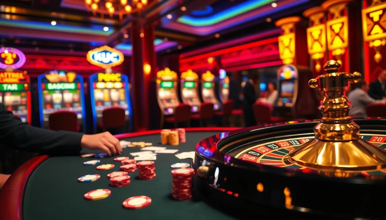KJC highlights intense poker action at a luxury casino table with vibrant chips and cards.