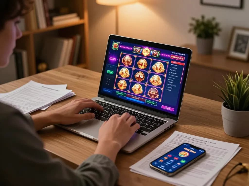 Engaging online gambling moment at home showcasing viceroyluxury gaming experience with vibrant slot game interface.