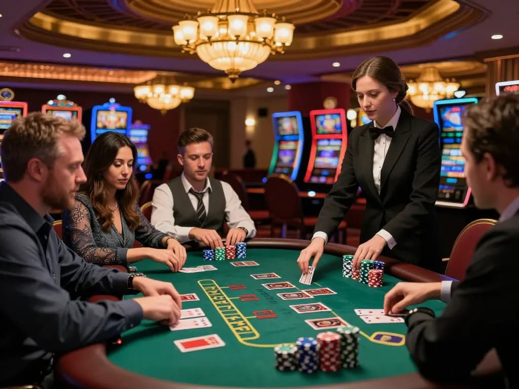 Players engaged in thrilling blackjack gameplay at a lively casino, showcasing worldharpday celebration.