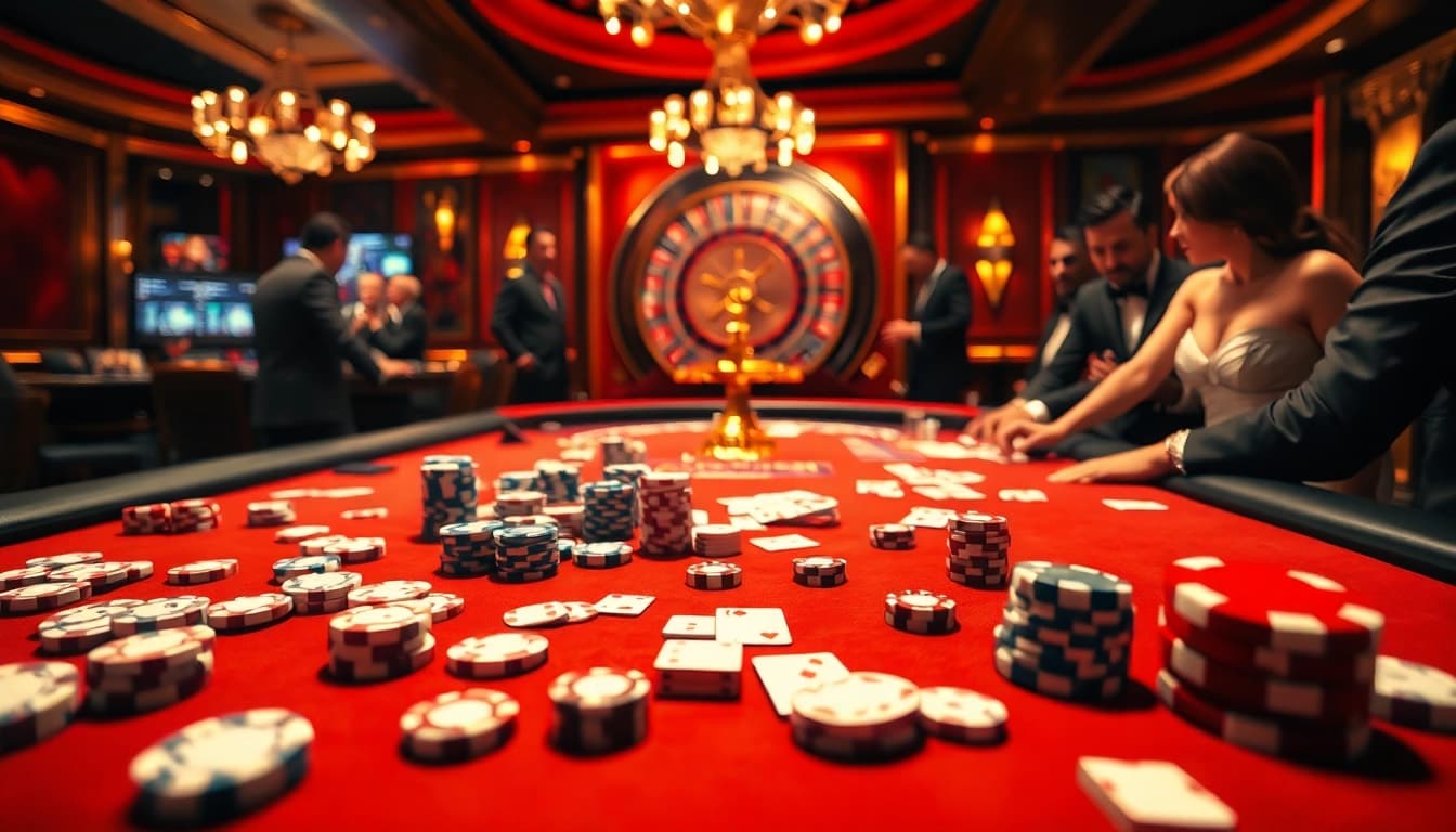 Experience thrilling poker action with https://kong88.win at a luxurious casino table filled with chips.