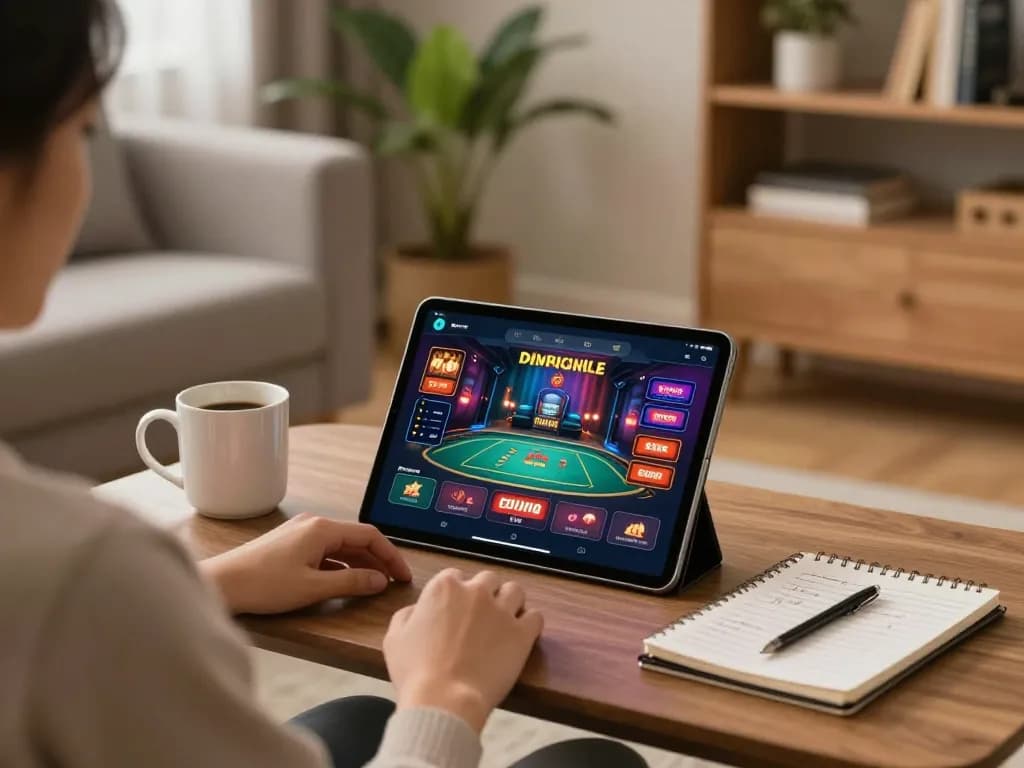 KUBET player engaged in online gaming strategy on tablet in cozy living room