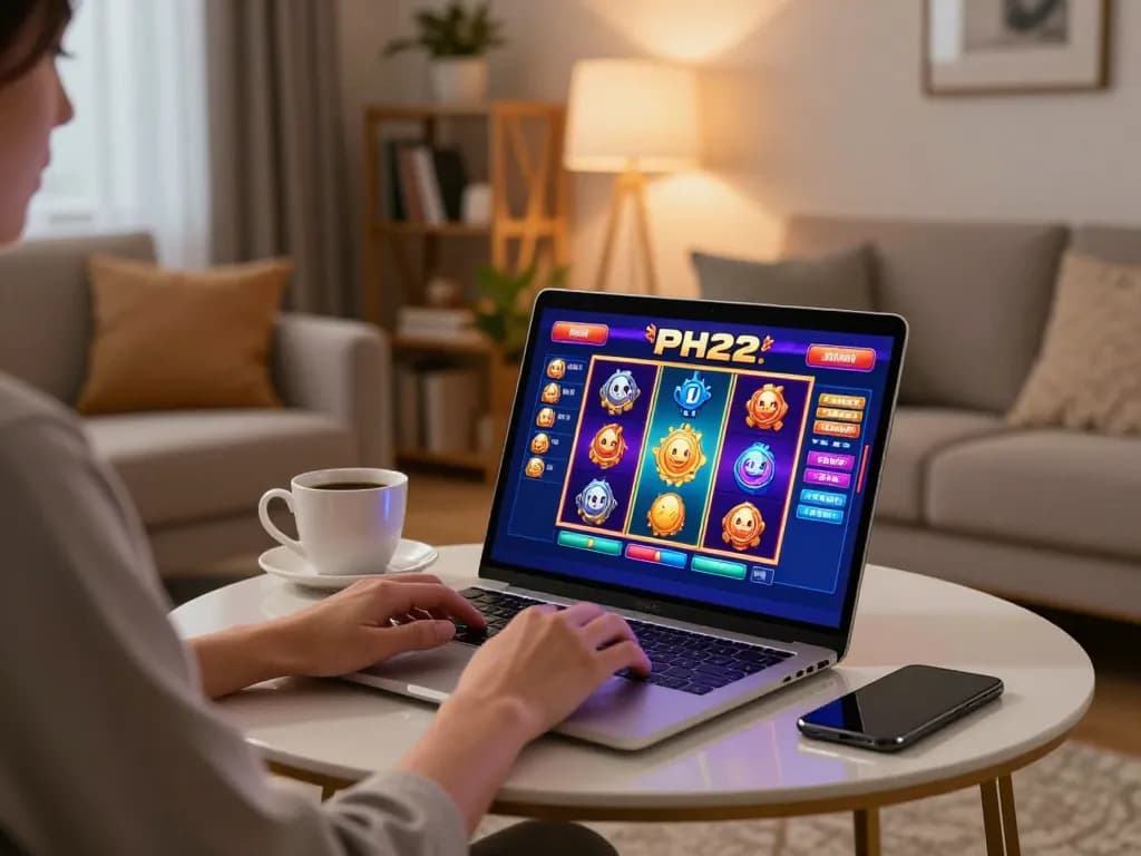 Player engaging with PH22 slots on a laptop in a cozy home environment, capturing the online casino experience