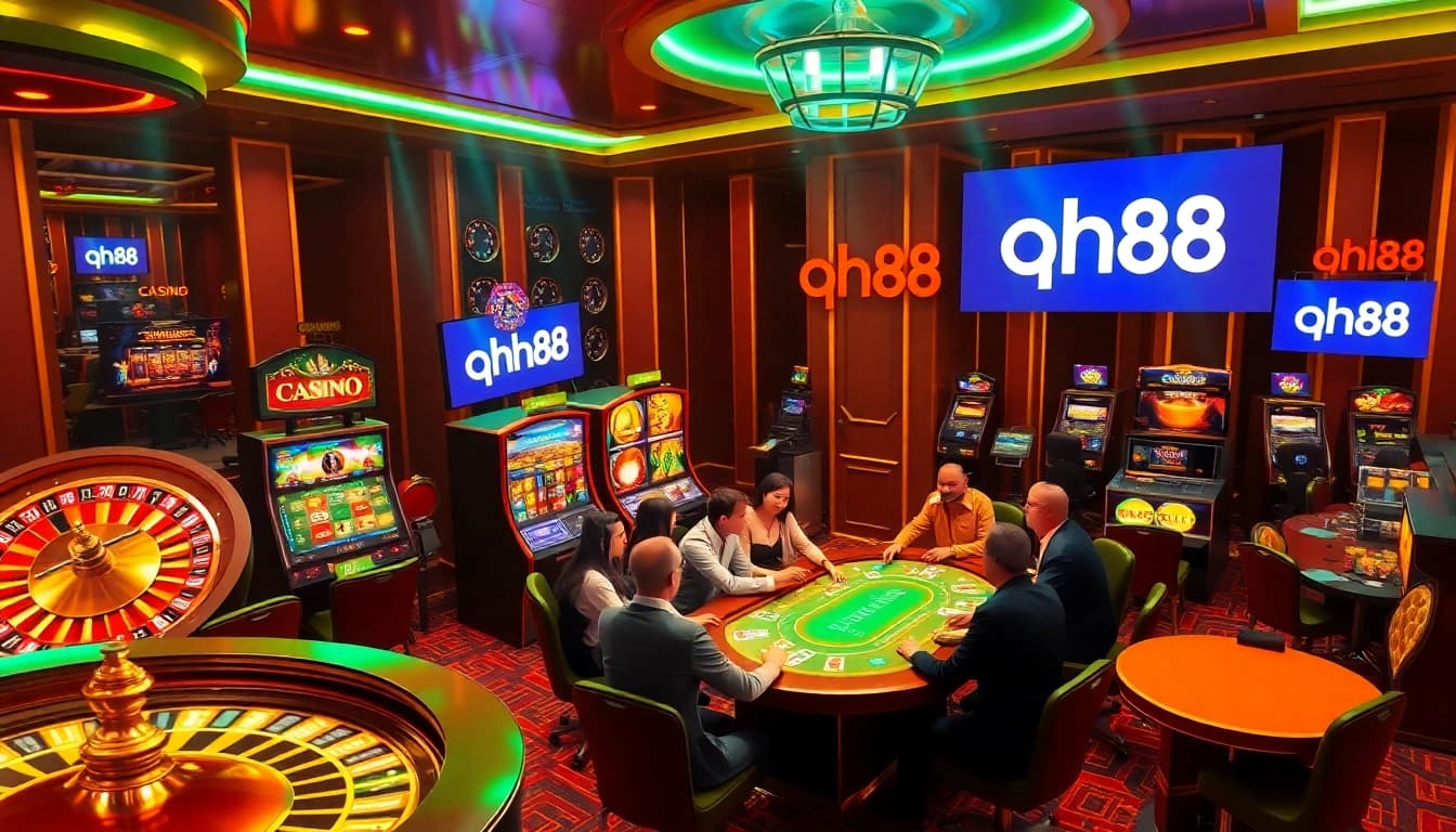 Players experiencing the thrill of qh88 casino games with vibrant slots and poker action.