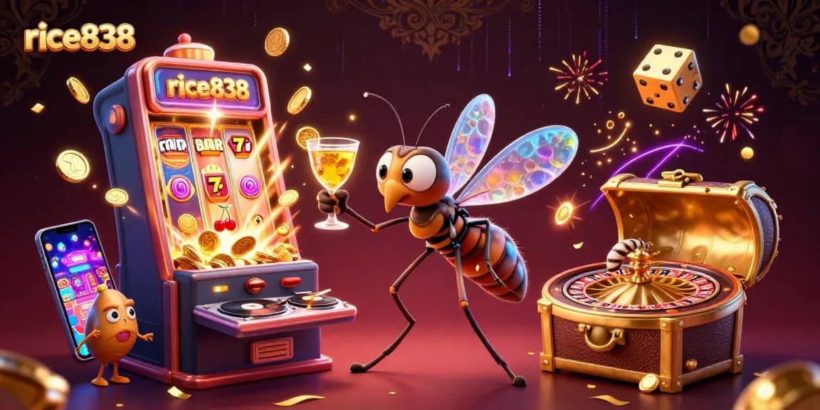 Experience rice838 thrills with a vibrant casino scene featuring a lively mascot and dynamic slot action.