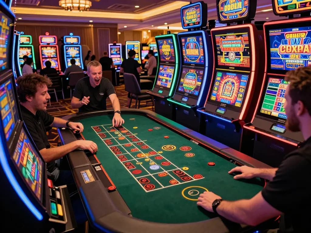Players engaging with slot88 machines, cheering as lights flash during a casino gaming session