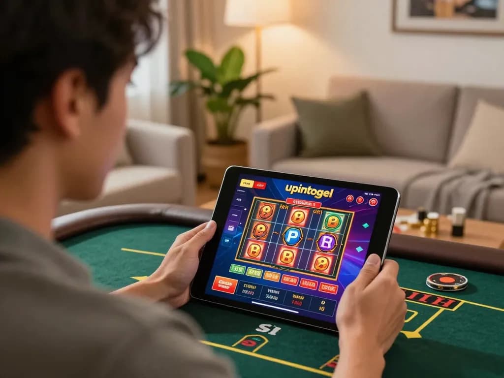 Engage in online gaming strategies on upintogel platform with vibrant tablet interface.
