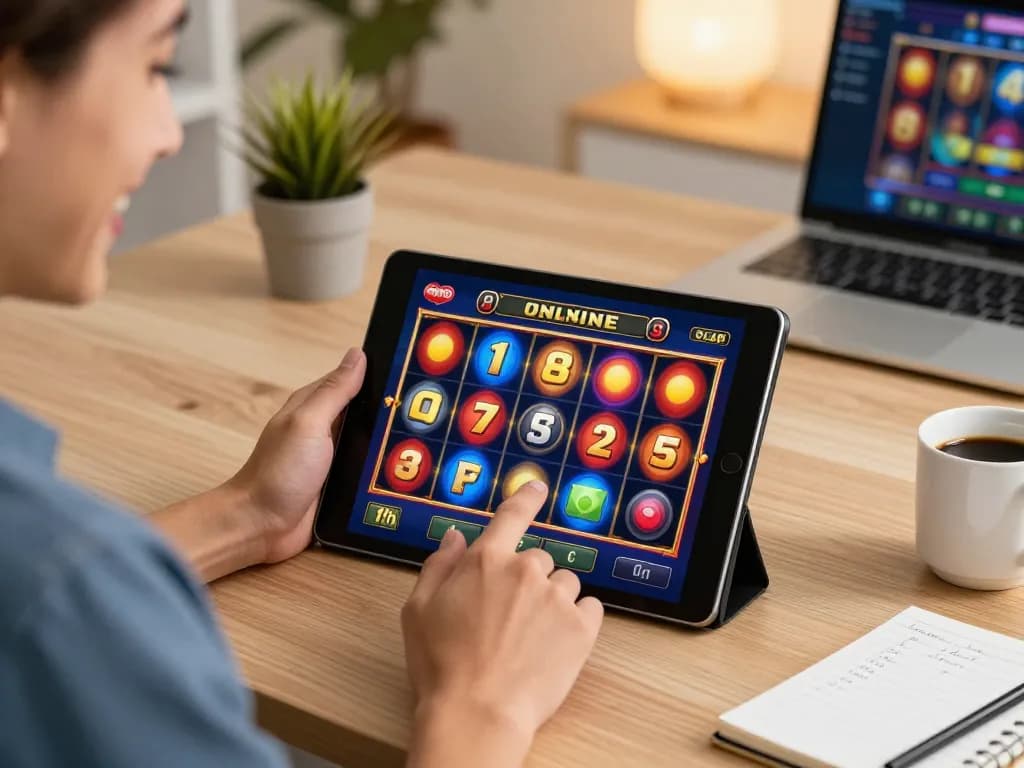 Engaging in slot online gameplay with colorful reels spinning on a tablet in cozy home office.