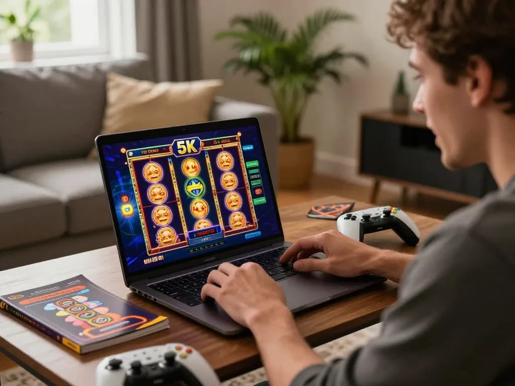 Player enjoying slot 5k game on a laptop in a stylish living room, showcasing a cozy gaming environment