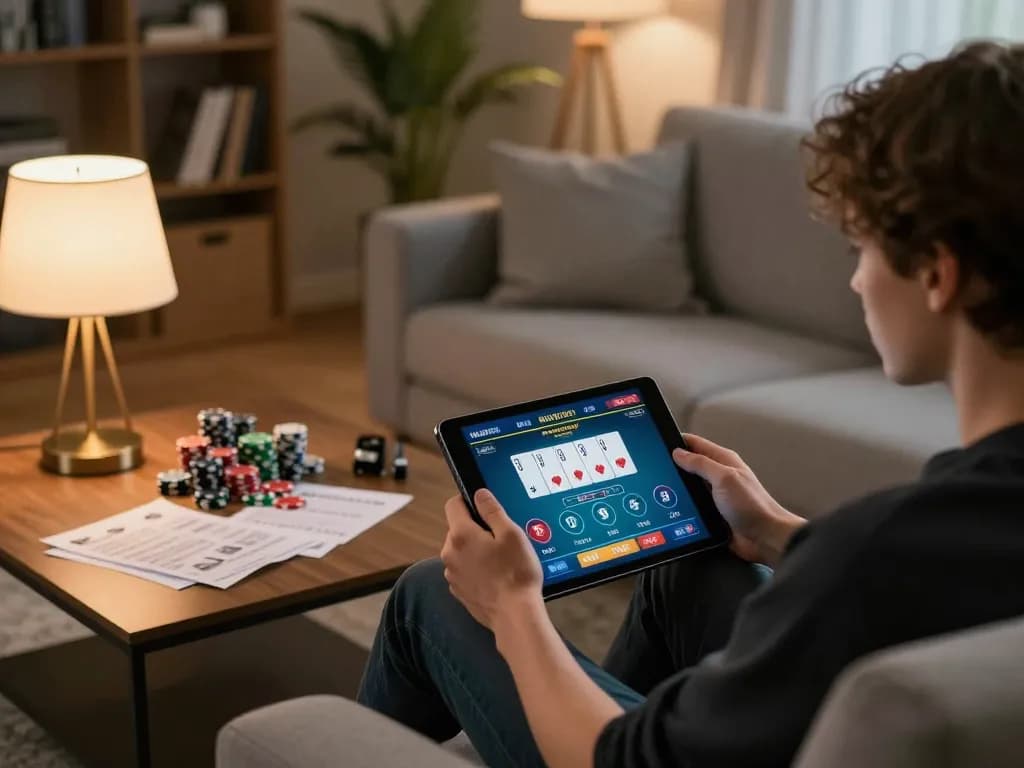 Person engages in online gaming with du88 poker interface on a tablet in a cozy living room
