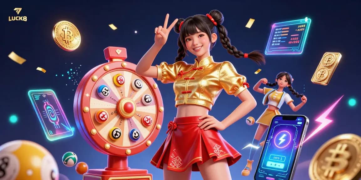 Spin the prize wheel with LUCK8's vibrant gaming elements in a dynamic casino environment.