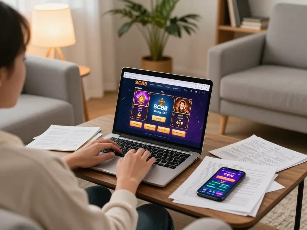 Engaging in online casino with SC88 đăng nhập on laptop, showcasing a cozy home gaming environment.