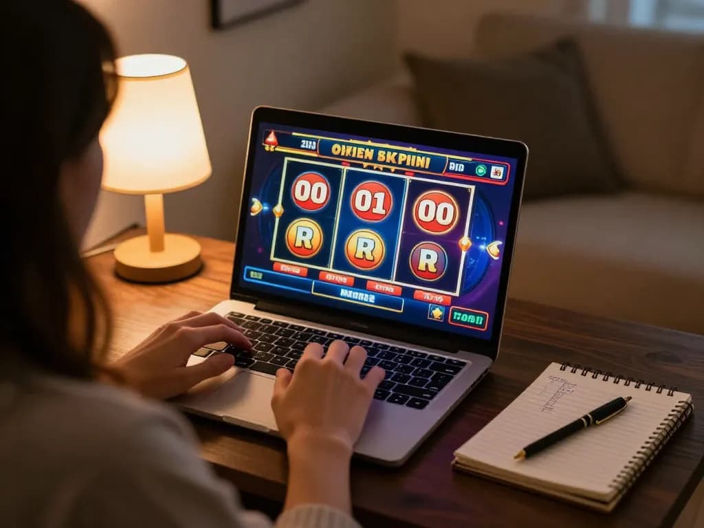 The player engages with the captivating okking slot game on their laptop, highlighting interactive gaming elements.