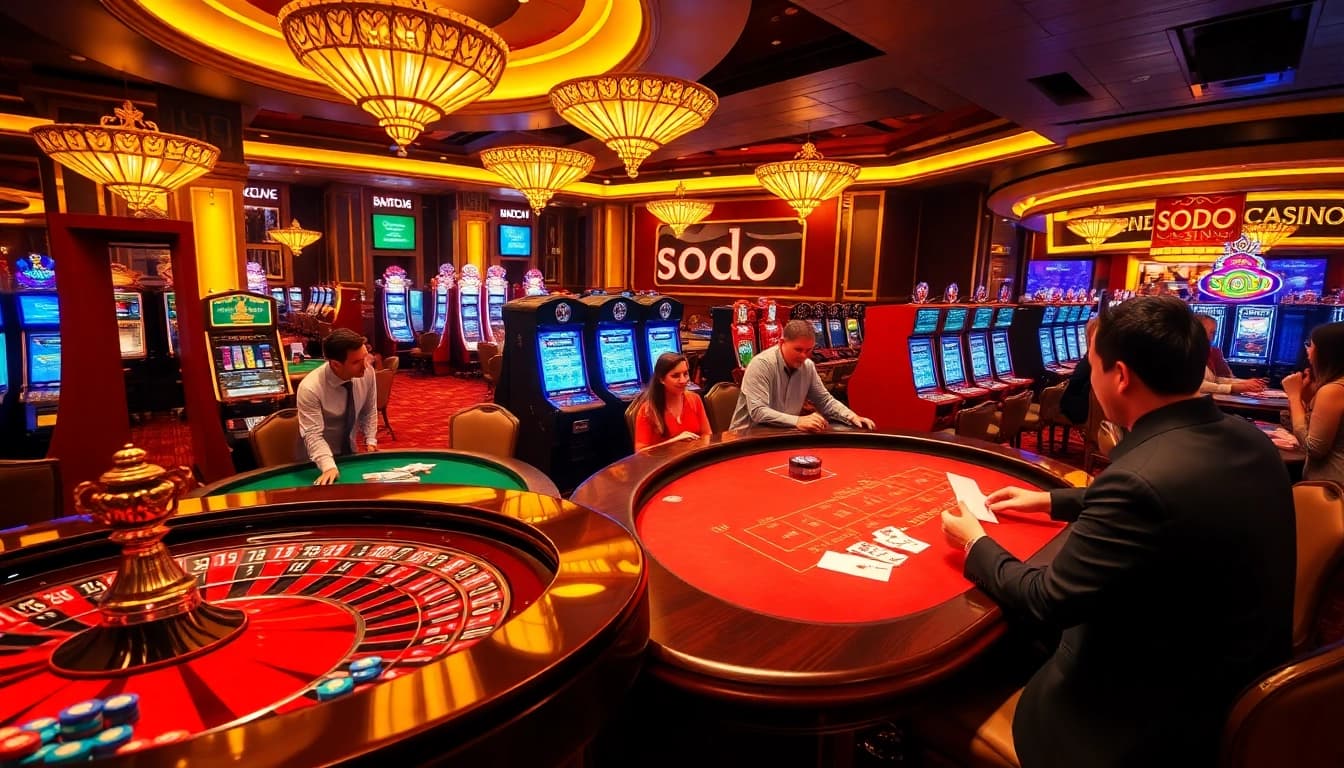 SODO CASINO features players at luxurious gambling tables with colorful slot machines.