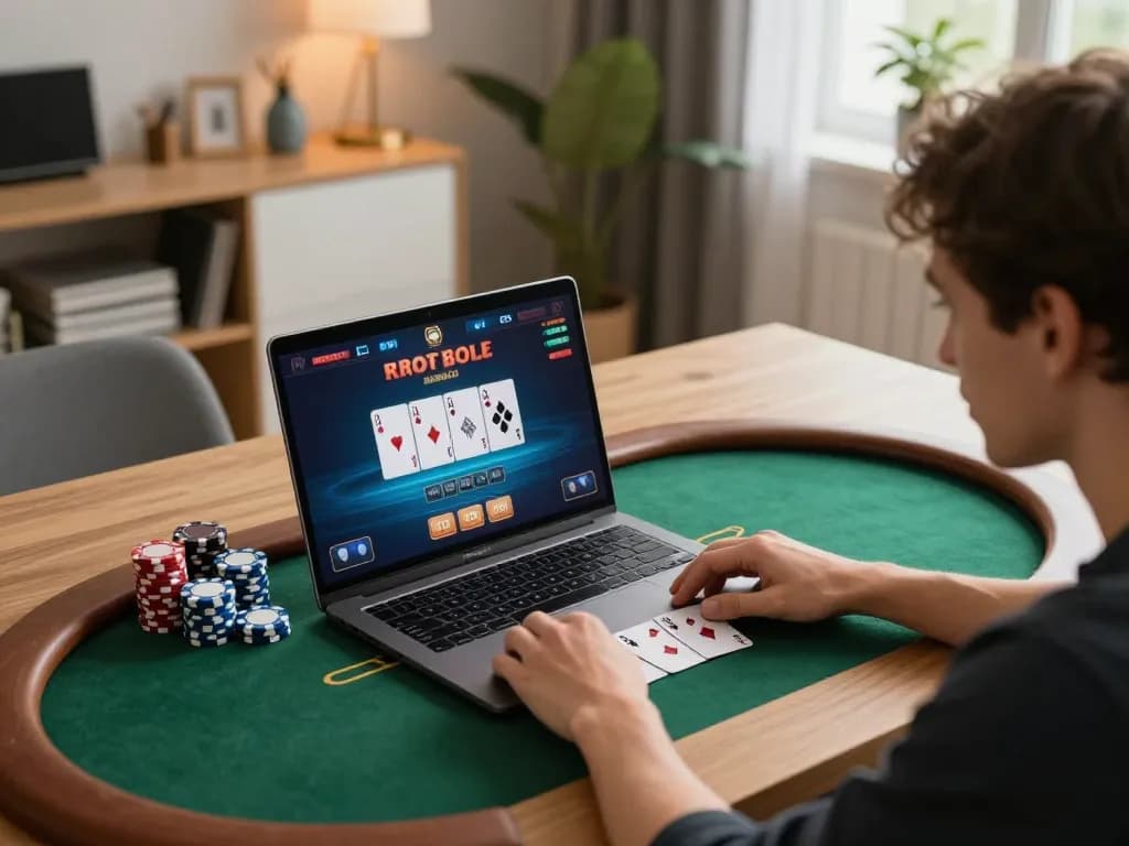 W88 player engaging in a high-stakes online poker game, strategizing with cards and chips in a cozy home office.
