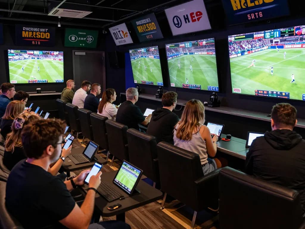 Sports enthusiasts engaged in dynamic kèo nhà cái betting at a lively venue with multiple screens.