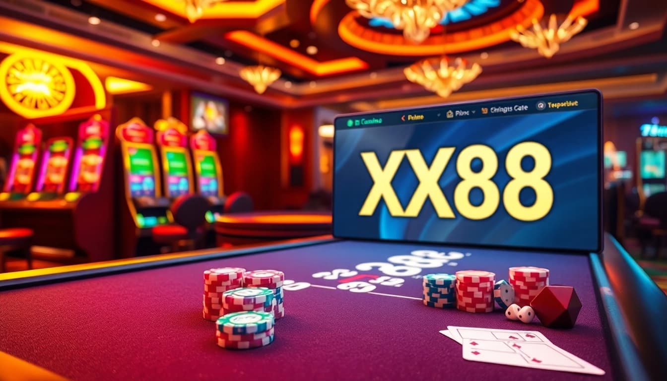 Experience the thrill of casino gaming with XX88, featuring vibrant slots, poker chips, and more.