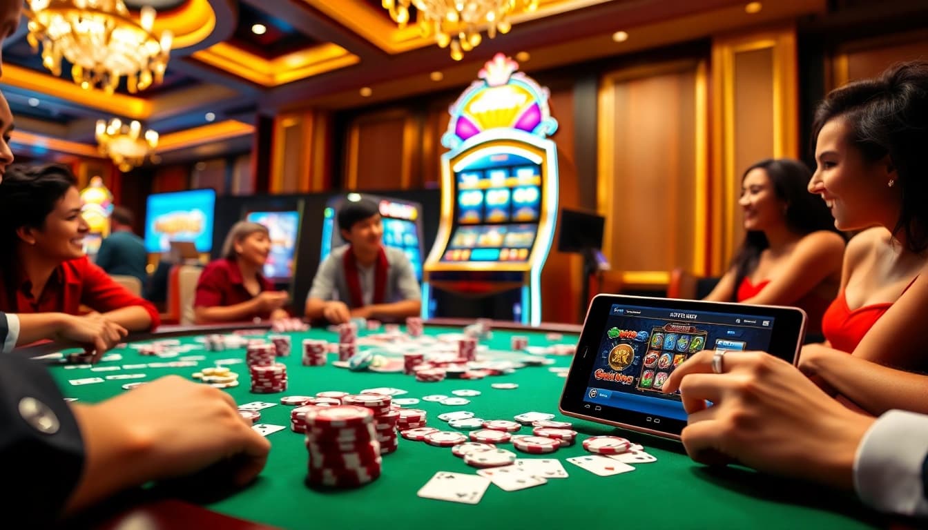 Players enjoy a thrilling game at inatogel88 casino table with vibrant colors and gaming excitement.