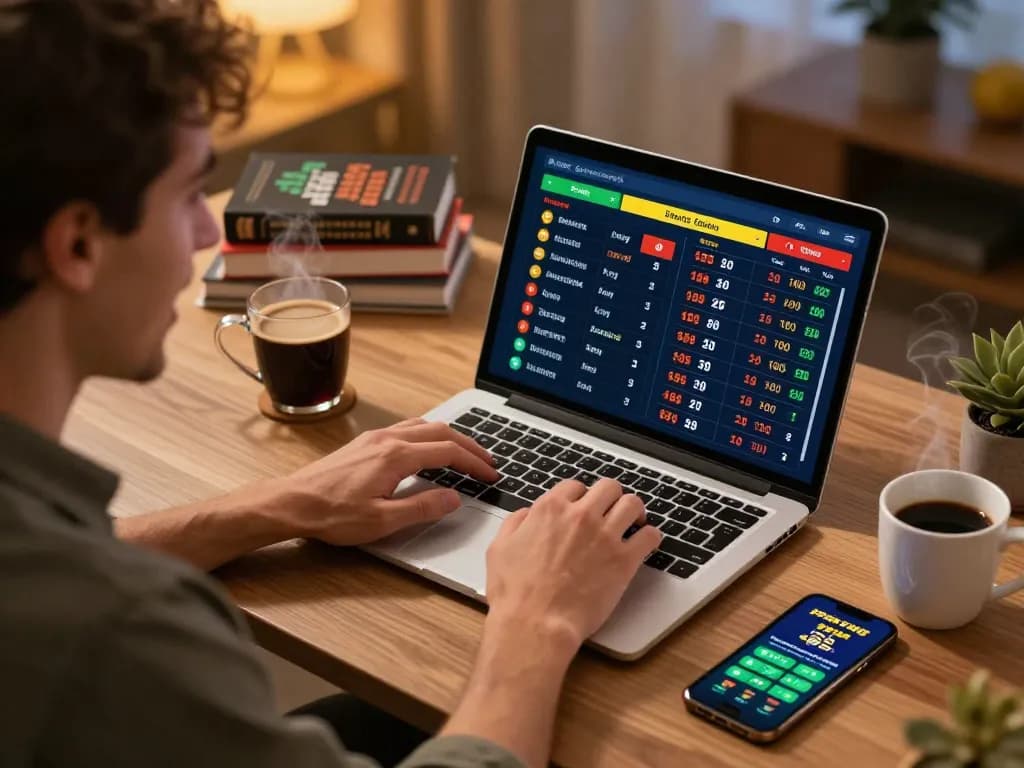 Engaging user strategizing on Website Vk88 while betting from home office desk.