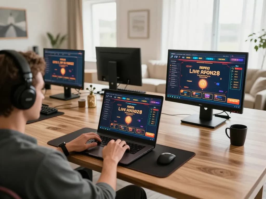 Player engaging with FAFA828 online casino games on laptop in stylish home environment.