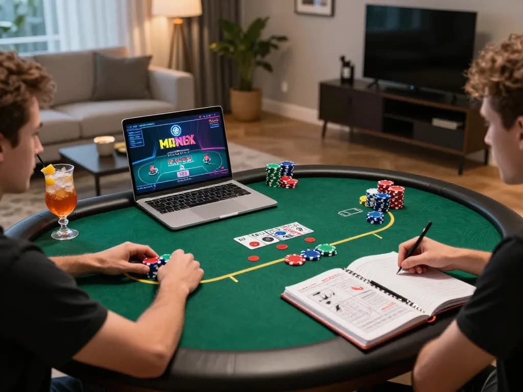 Engaging poker gameplay on sc88.casino with vibrant chips and focused strategy notes at home.