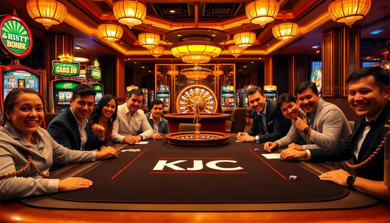 KJC poker table with players enjoying an exciting game, surrounded by vibrant slots and roulette.