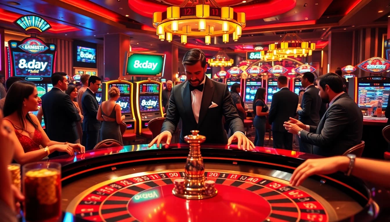 Exciting scene of diverse gamblers at a luxury casino featuring 8day gaming interface.