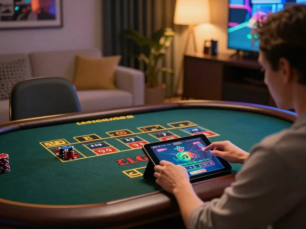 Player enjoying live dealer games on tablet at home with sunwin app, showcasing dynamic online betting experience.