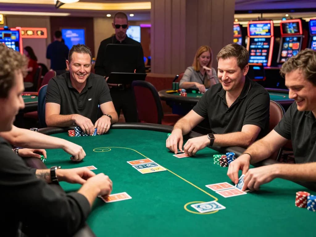 Players revel in a high-stakes poker game at a vibrant Las Vegas casino showcasing sunwin atmosphere.