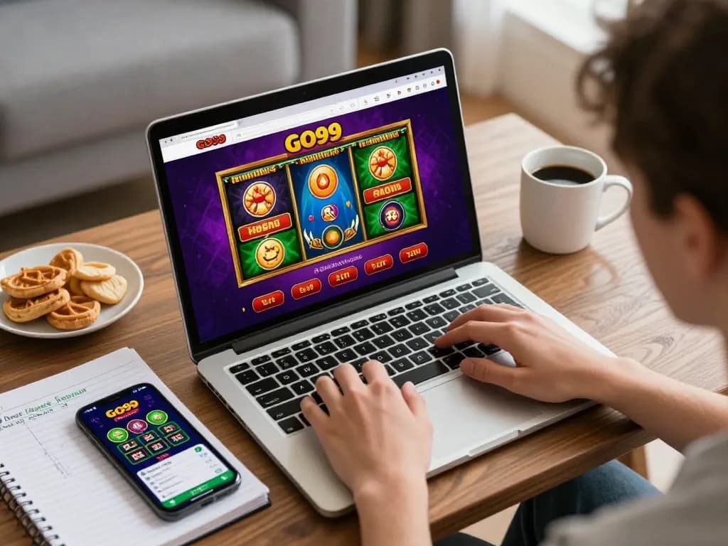 Experience Go99 online gambling with vibrant game graphics, cozy home setup, and engaged player.