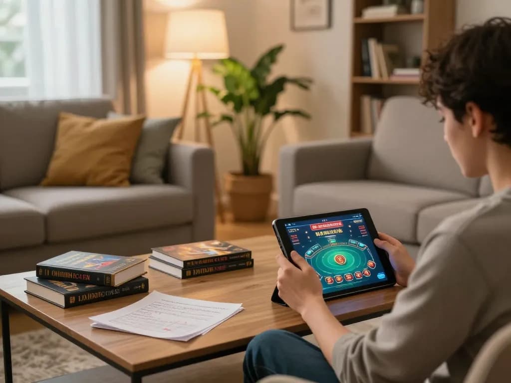 The player uses vvvwin app on tablet for online casino gaming in a cozy home setup.