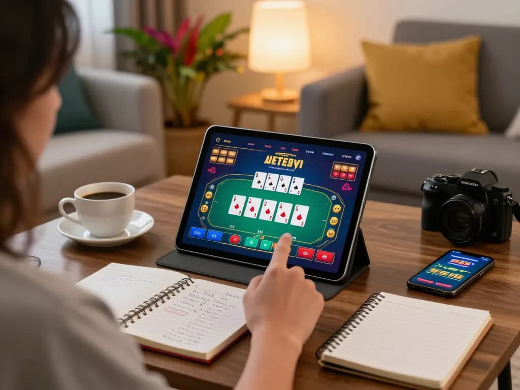 Players enjoying MM88 poker game on a tablet with strategy notes in cozy home