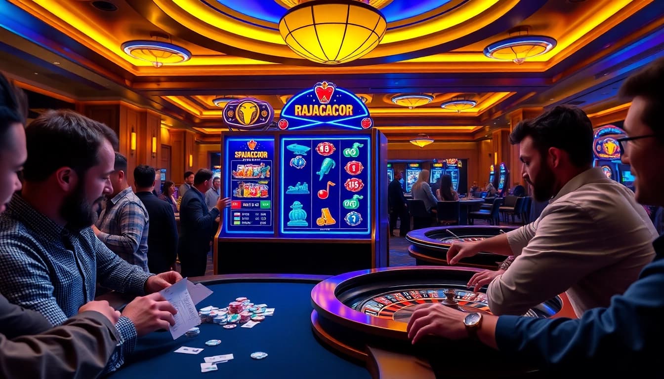 Play the RAJAGACOR Spaceman Slot with excitement in a vibrant casino setting.