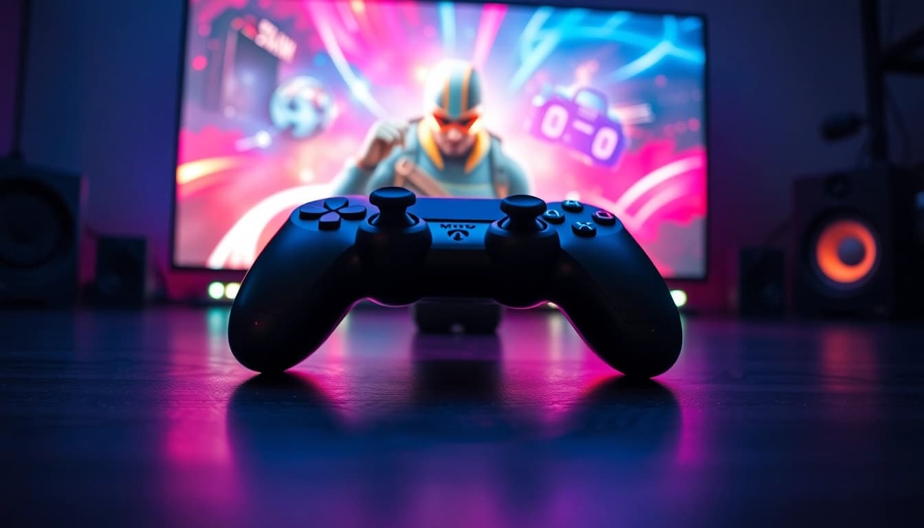 Jogador em um ambiente de hi game interagindo com console de videogame iluminado.